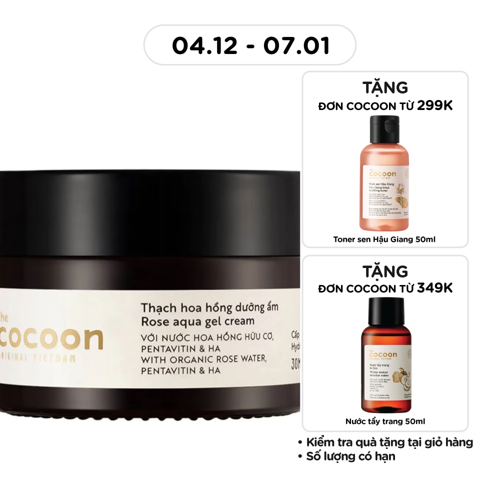 Thạch Hoa Hồng Cocoon Rose Aqua Gel Cream Hydrate & Nourish Skin Cấp Ẩm Dưỡng Da 100% Thuần Chay30ml