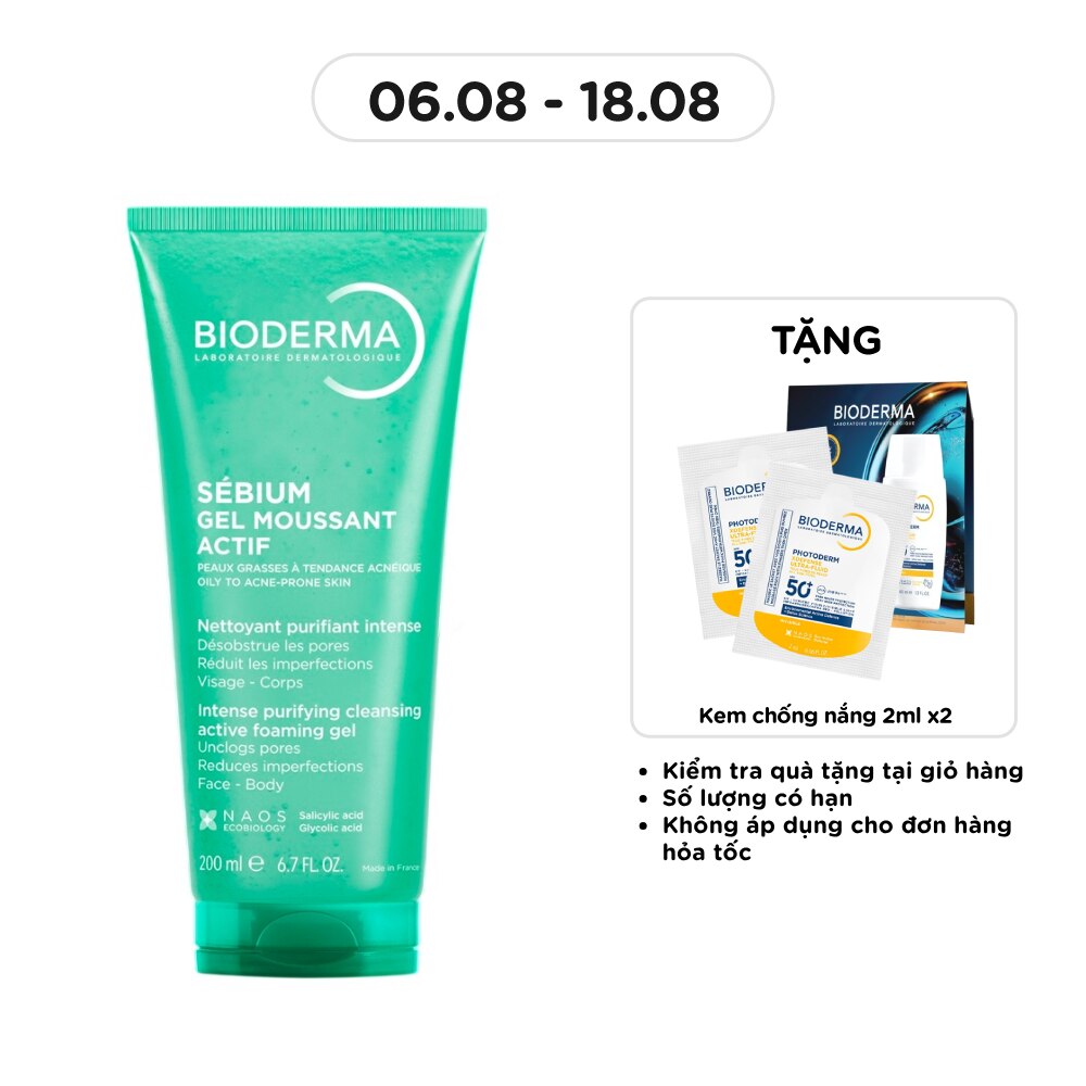 Gel Rửa Mặt Bioderma Cho Da Dầu Và Da Dễ Nổi Mụn Sébium Gel Moussant Actif 200ml image