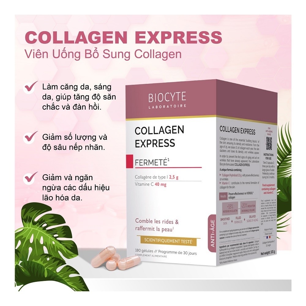 Thực Phẩm Bảo Vệ Sức Khỏe Biocyte Viên Uống Colagen Express Anti-Aging Giảm Lão Hóa Da 180 Viên