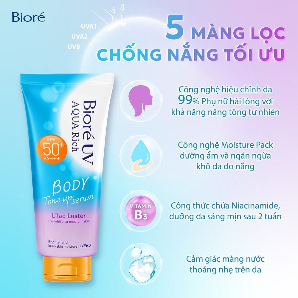 Serum Chống Nắng Biore UV Aqua Rich Dưỡng Thể Nâng Tông Body Tone Up Lilac Luster SPF50+ PA+++ 130ml