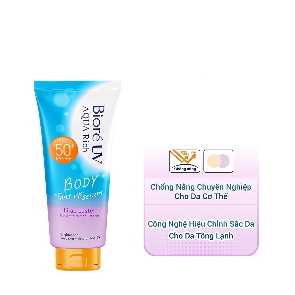 Serum Chống Nắng Biore UV Aqua Rich Dưỡng Thể Nâng Tông Body Tone Up Lilac Luster SPF50+ PA+++ 130ml