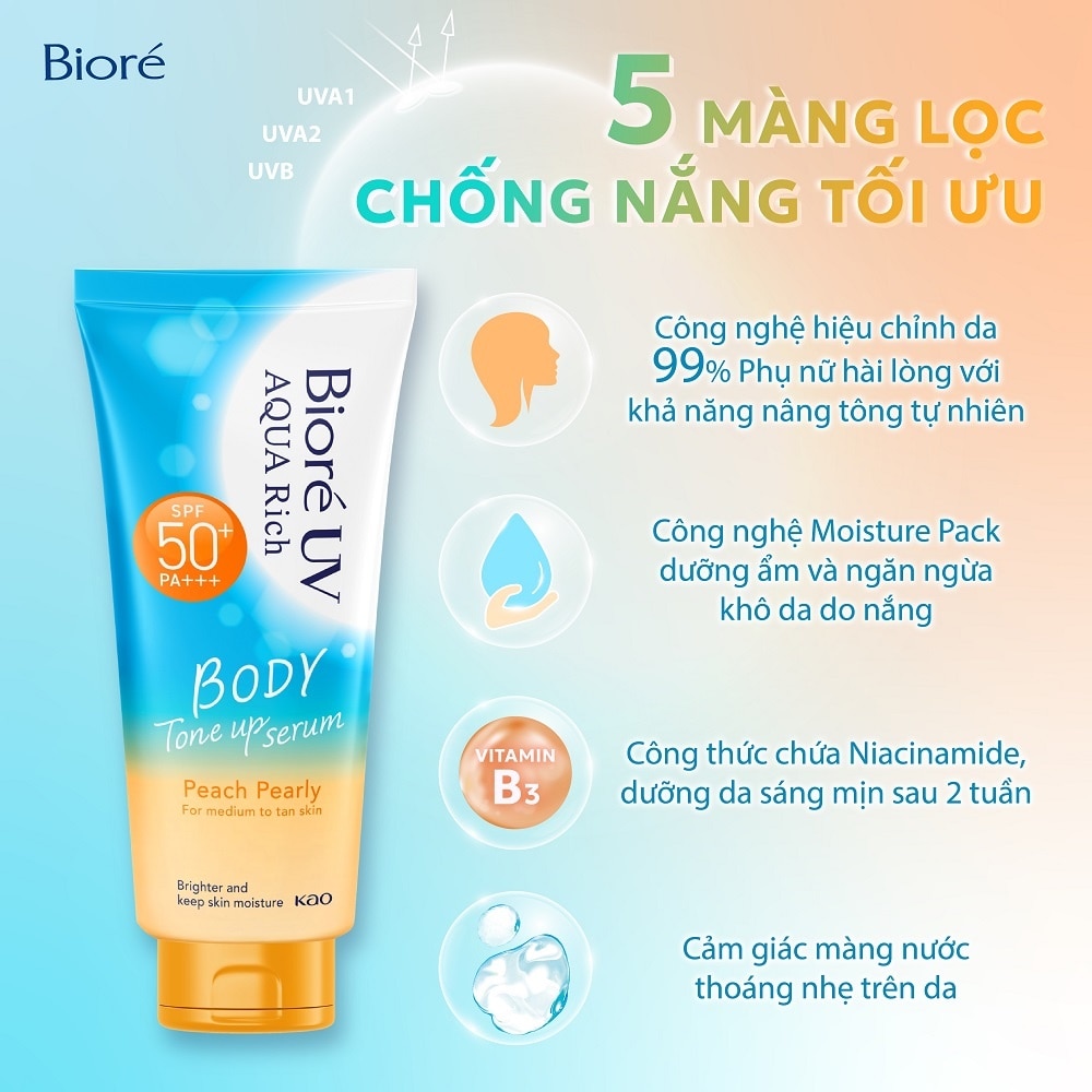 Serum Chống Nắng Biore UV Aqua Rich Dưỡng Thể Nâng Tông Body Tone Up Peach Pearly SPF50+ PA+++ 130ml