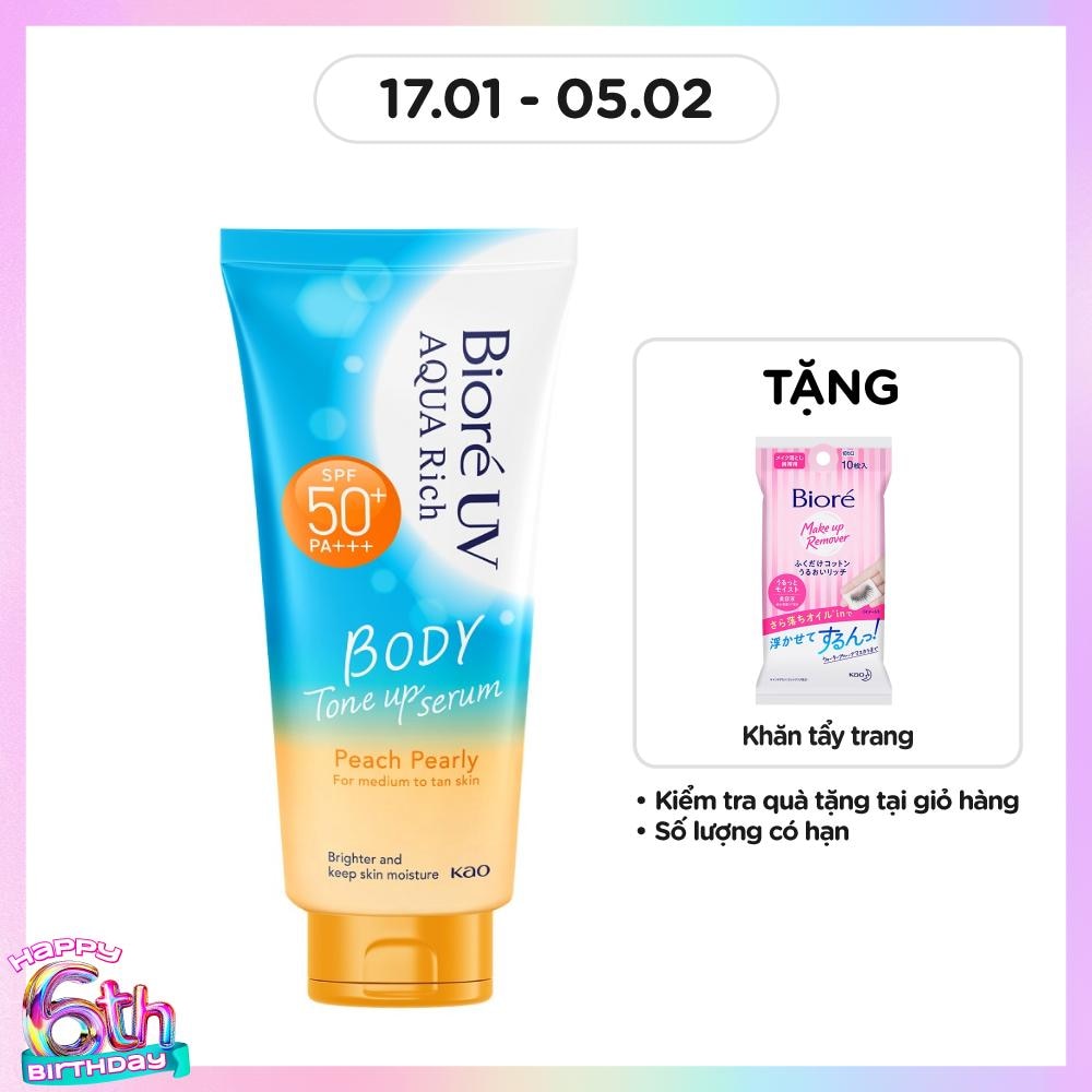 Serum Chống Nắng Biore UV Aqua Rich Dưỡng Thể Nâng Tông Body Tone Up Peach Pearly SPF50+ PA+++ 130ml