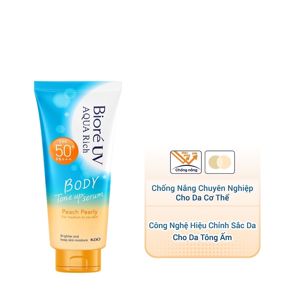 Serum Chống Nắng Biore UV Aqua Rich Dưỡng Thể Nâng Tông Body Tone Up Peach Pearly SPF50+ PA+++ 130ml