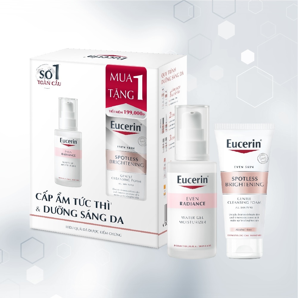 Combo Eucerin(Gel Cấp Ẩm, Dưỡng Sáng 50ml +Sữa Rửa Mặt Dịu Nhẹ Sáng Da 50g)