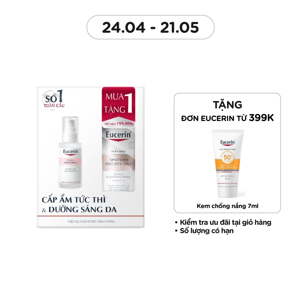 Combo Eucerin(Gel Cấp Ẩm, Dưỡng Sáng 50ml +Sữa Rửa Mặt Dịu Nhẹ Sáng Da 50g)