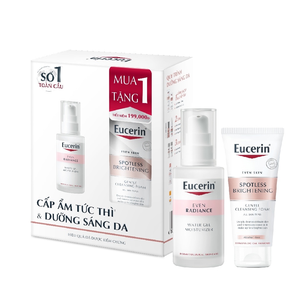 Combo Eucerin(Gel Cấp Ẩm, Dưỡng Sáng 50ml +Sữa Rửa Mặt Dịu Nhẹ Sáng Da 50g)