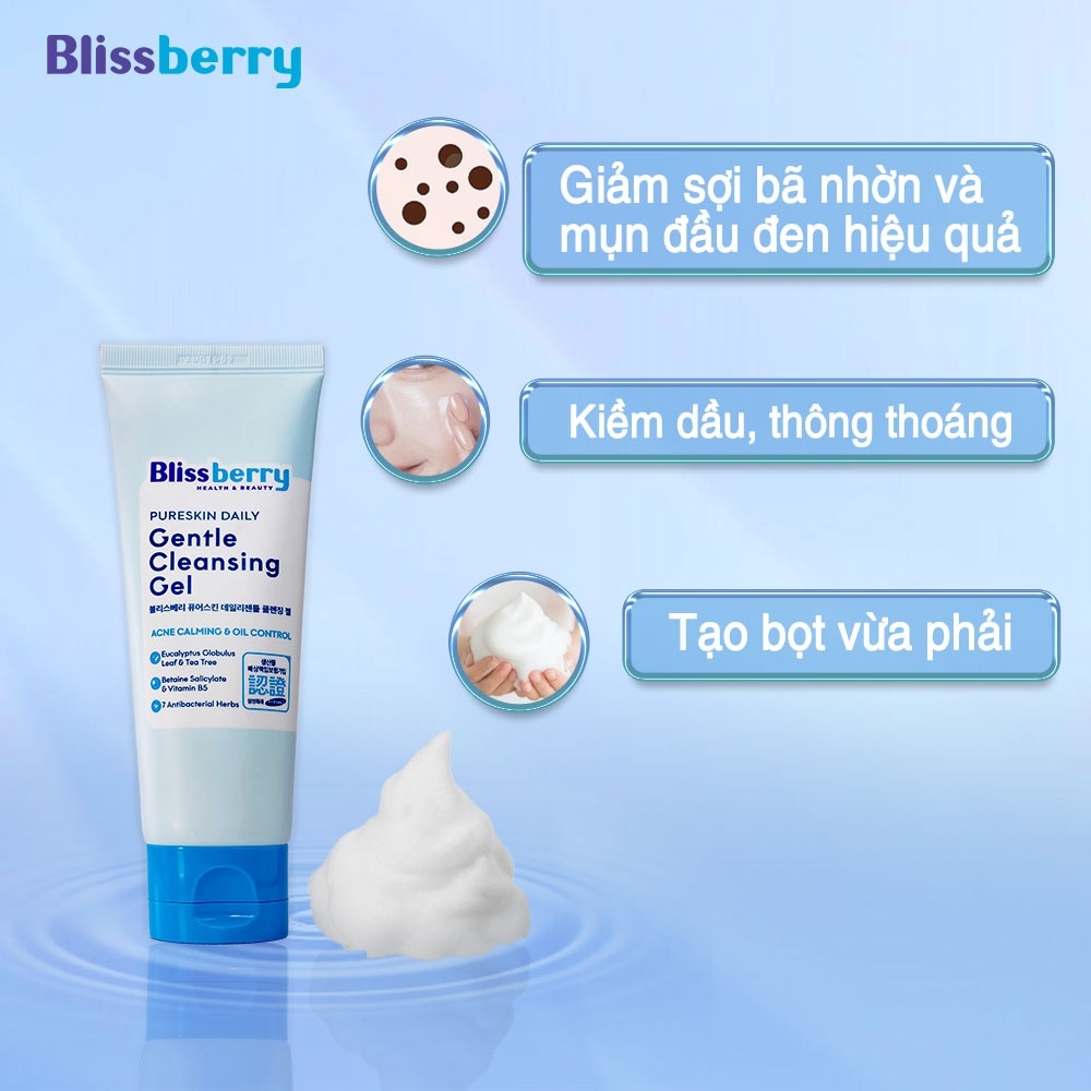 Sữa Rửa Mặt Blissberry Giảm Mụn Kiềm Dầu Pureskin Daily Gentle Cleansing Gel 100ml