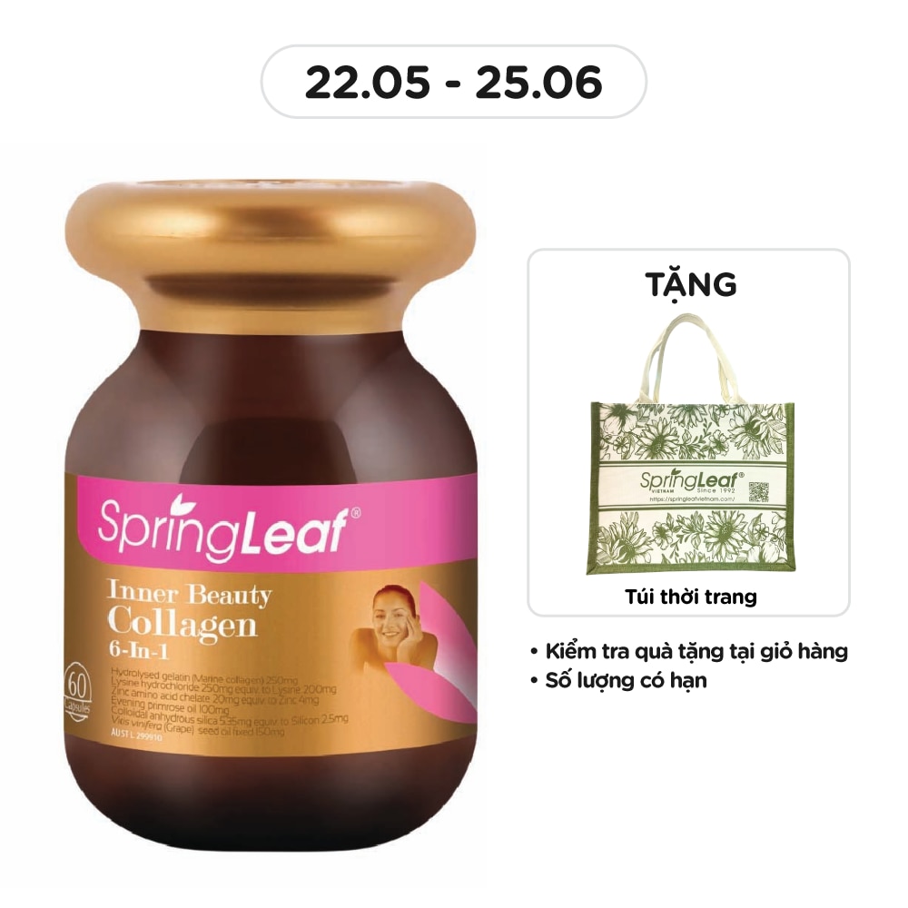 Thực Phẩm Bảo Vệ Sức Khỏe: Spring Leaf Hỗ Trợ Làm Đẹp Da Inner Beauty Collagen 6-In-1 60 Viên