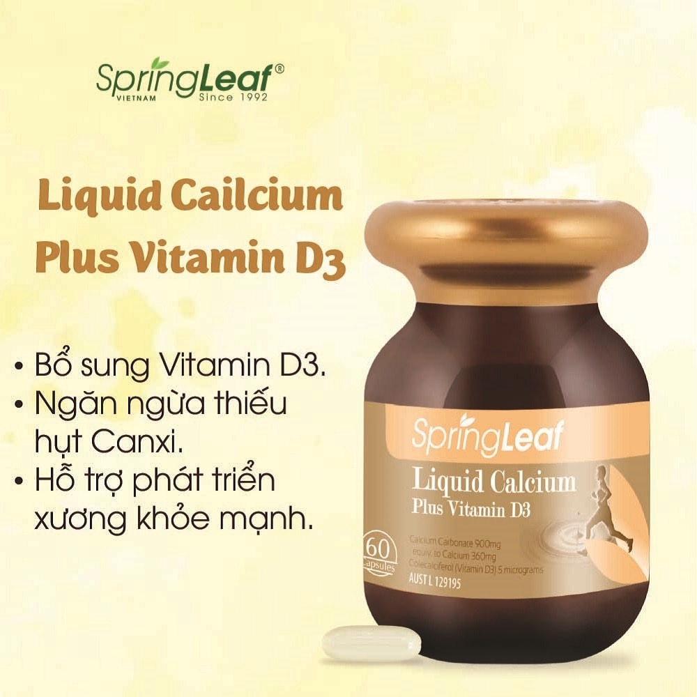 Thực Phẩm Bảo Vệ Sức Khỏe: Spring Leaf Tăng Cường Canxi Liquid Calcium Plus Vitamin D3 60 Viên