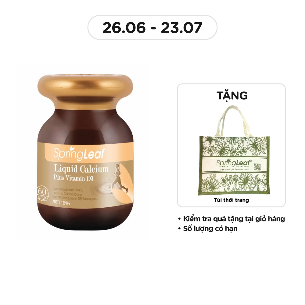 Thực Phẩm Bảo Vệ Sức Khỏe: Spring Leaf Tăng Cường Canxi Liquid Calcium Plus Vitamin D3 60 Viên