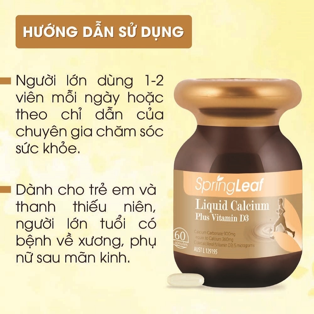 Thực Phẩm Bảo Vệ Sức Khỏe: Spring Leaf Tăng Cường Canxi Liquid Calcium Plus Vitamin D3 60 Viên