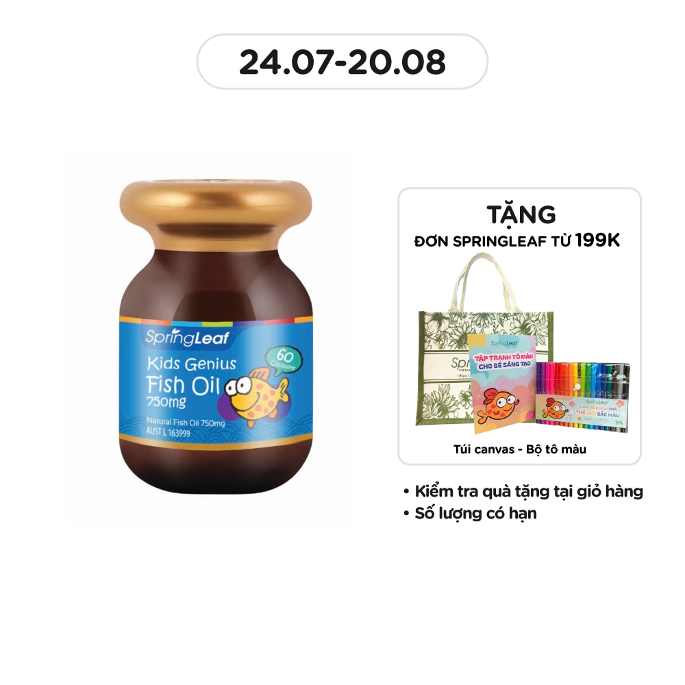 Thực Phẩm Bảo Vệ Sức Khỏe: Spring Leaf Dầu Cá Cho Bé Kids Genius Fish Oil 750Mg 60 Viên