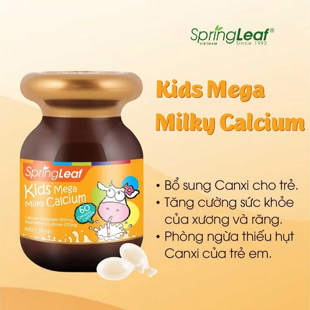 Thực Phẩm Bảo Vệ Sức Khỏe: Spring Leaf Hỗ Trợ Canxi Cho Bé Kids Mega Milky Calcium 60 Viên