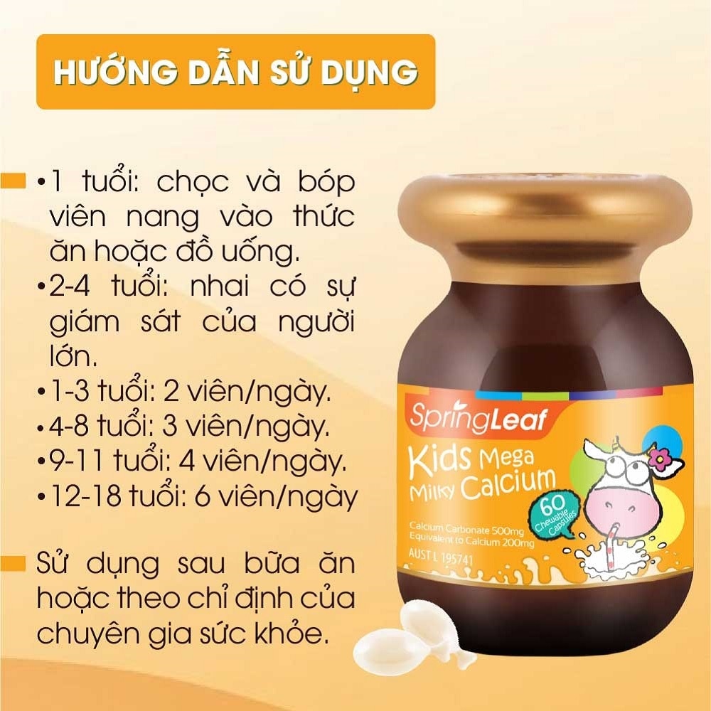 Thực Phẩm Bảo Vệ Sức Khỏe: Spring Leaf Hỗ Trợ Canxi Cho Bé Kids Mega Milky Calcium 60 Viên