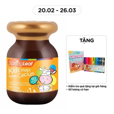 SPRING LEAF Thực Phẩm Bảo Vệ Sức Khỏe: Spring Leaf Hỗ Trợ Canxi Cho Bé Kids Mega Milky Calcium 60 Viên