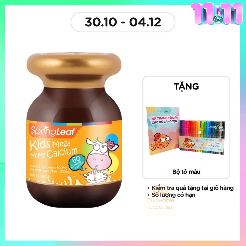 Thực Phẩm Bảo Vệ Sức Khỏe: Spring Leaf Hỗ Trợ Canxi Cho Bé Kids Mega Milky Calcium 60 Viên