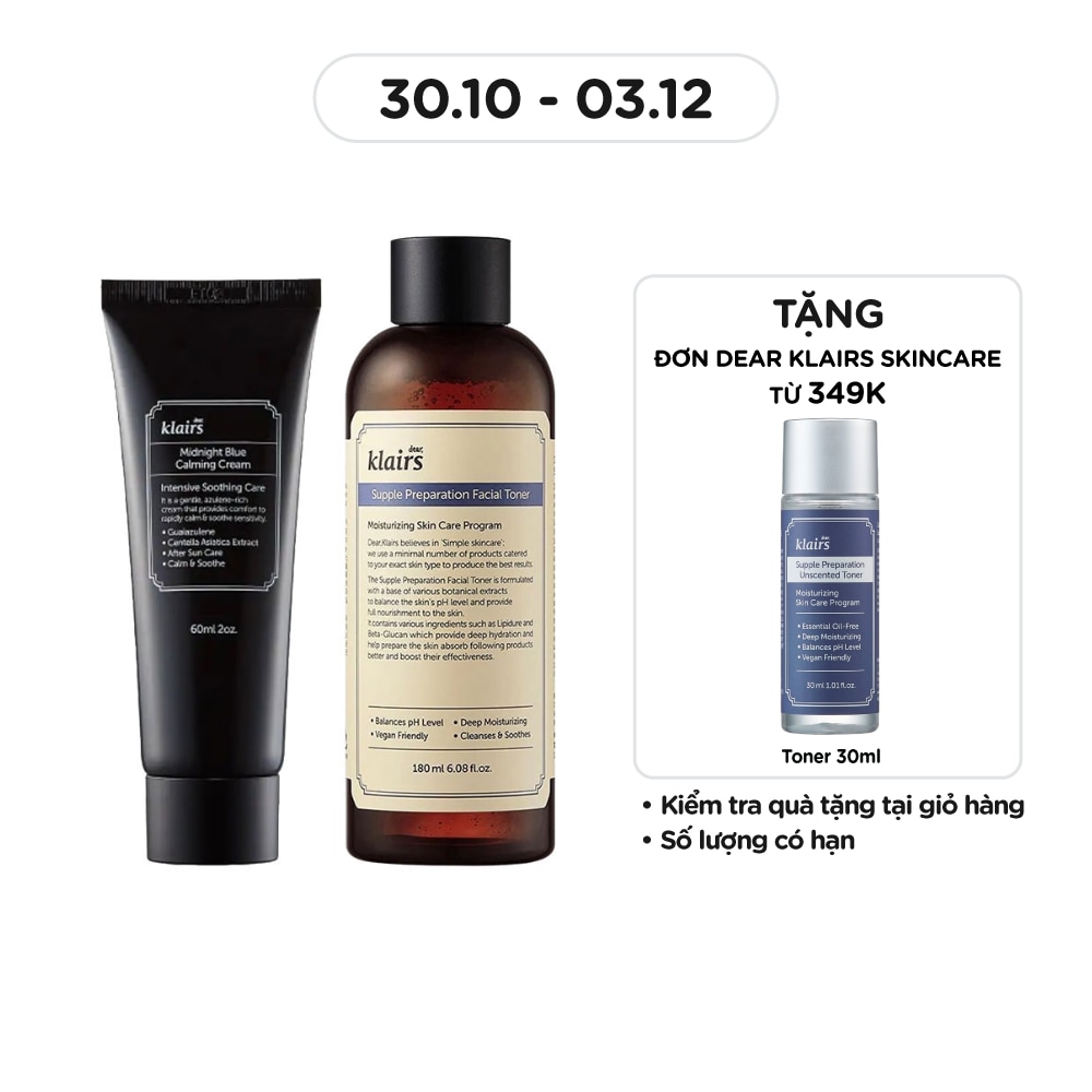 Combo Dear Klairs ( Kem Dưỡng Midnight & Nước Hoa Hồng )