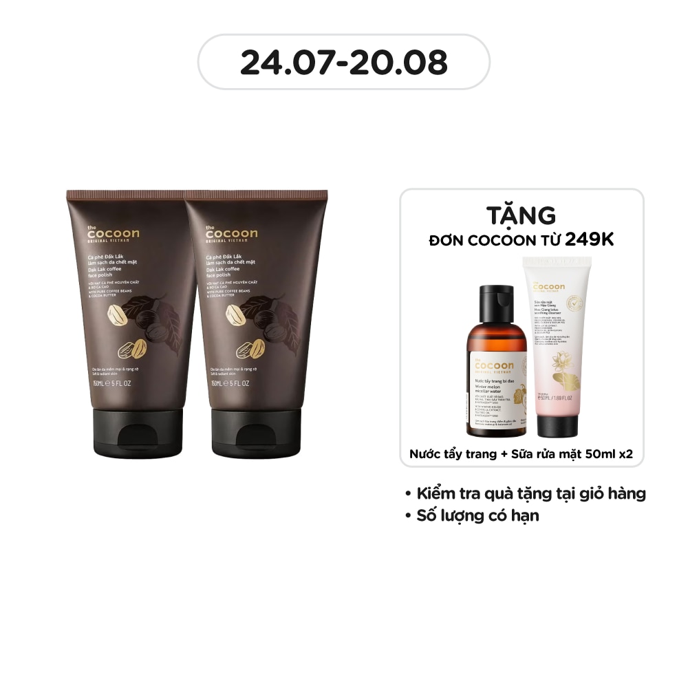 Combo Tẩy Tế Bào Cocoon Dak Lak Coffee Làm Sạch Mềm Mại Da Mặt Với Hạt Cà Phê Và Bơ Ca Cao 150ml x2