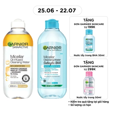 GARNIER - Combo Garnier ( Nước Làm Sạch, Tẩy Trang Micellar Oil-Infused 400ml & Nước Tẩy Trang Salicylic BHA 400ml )