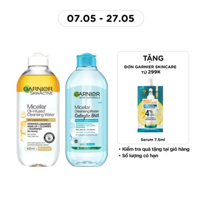 GARNIER - Combo Garnier ( Nước Làm Sạch, Tẩy Trang Micellar Oil-Infused 400ml & Nước Tẩy Trang Salicylic BHA 400ml )