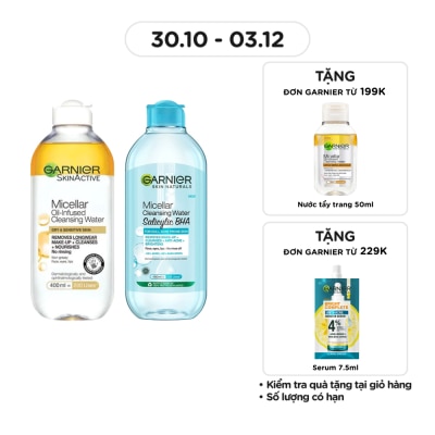 GARNIER Combo Garnier ( Nước Làm Sạch, Tẩy Trang Micellar Oil-Infused 400ml & Nước Tẩy Trang Salicylic BHA 400ml )