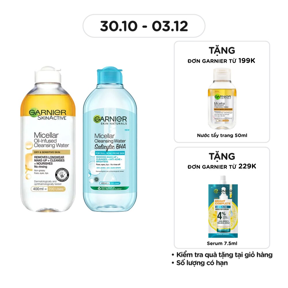 Combo Garnier ( Nước Làm Sạch, Tẩy Trang Micellar Oil-Infused 400ml & Nước Tẩy Trang Salicylic BHA 400ml )