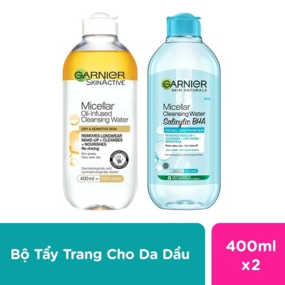 GARNIER Combo Garnier ( Nước Làm Sạch, Tẩy Trang Micellar Oil-Infused 400ml & Nước Tẩy Trang Salicylic BHA 400ml )