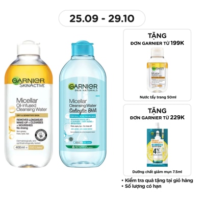 GARNIER Combo Garnier ( Nước Làm Sạch, Tẩy Trang Micellar Oil-Infused 400ml & Nước Tẩy Trang Salicylic BHA 400ml )