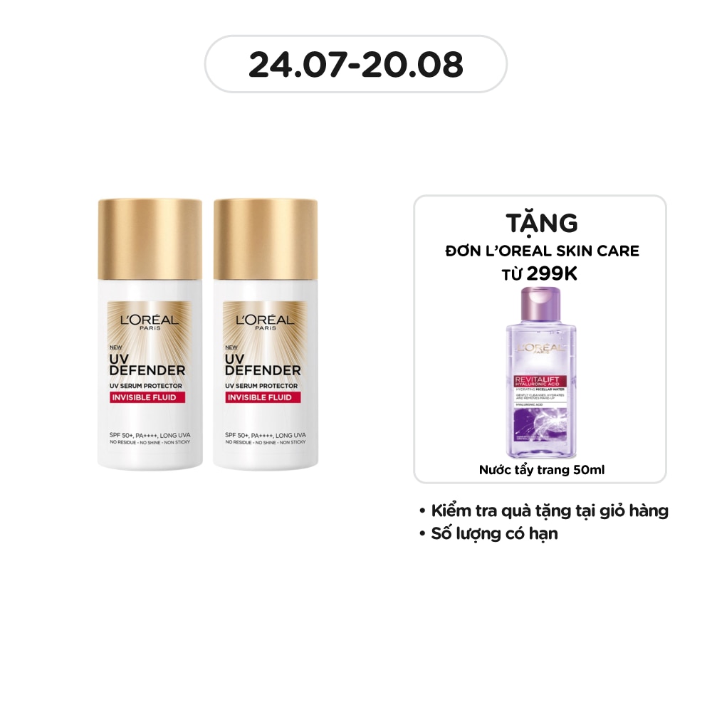 Combo L'Oreal Paris DưỡNg ChấT ChốNg NắNg Uv Defender Serum Protector Invisible Fluid 50ml x2