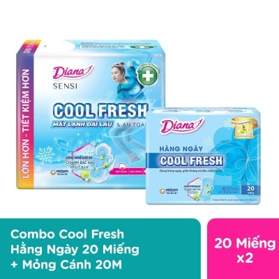 DIANA Combo Băng Vệ Sinh Diana ( Sensi Cool Fresh Siêu Mỏng Có Cánh 23cm 20 Miếng & Hàng Ngày Sensi Cool Fresh 20Miếng )