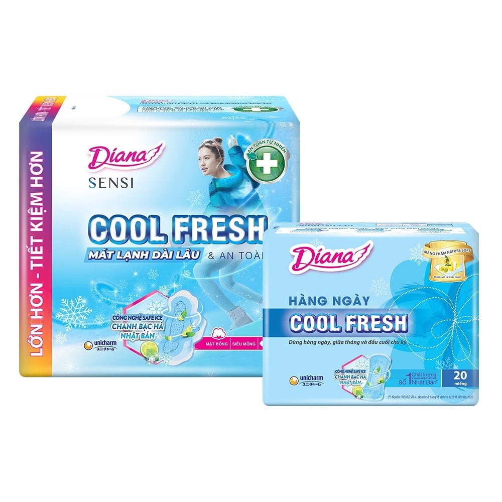 Combo Băng Vệ Sinh Diana ( Sensi Cool Fresh Siêu Mỏng Có Cánh 23cm 20 Miếng & Hàng Ngày Sensi Cool Fresh 20Miếng )