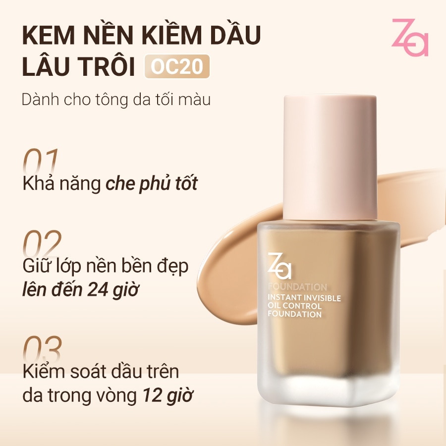 Kem Nền ZA Instant Invisible Oil Control Liquid Foundation 25ml .#OC20