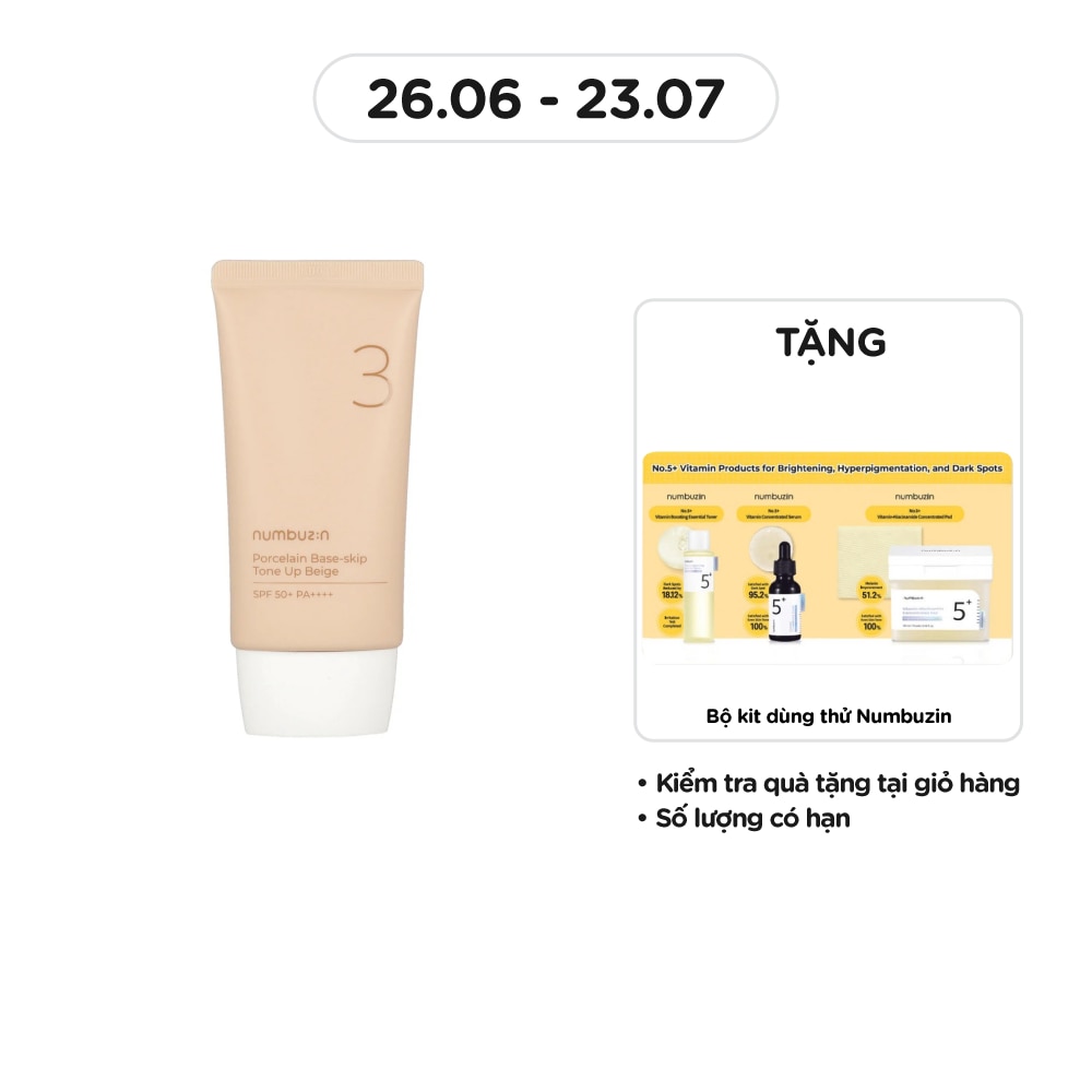 Kem Chống Nắng Nâng Tone Numbuzin No.3 Porcelain Base-Skip Tone Up Beige SPF50+ PA++++ 50ml