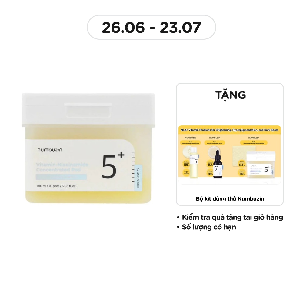 Nước Hoa Hồng Dạng Miếng Numbuzin No.5 Vitamin-Niacinamide Concentrated Pad 180ml (70Pcs)