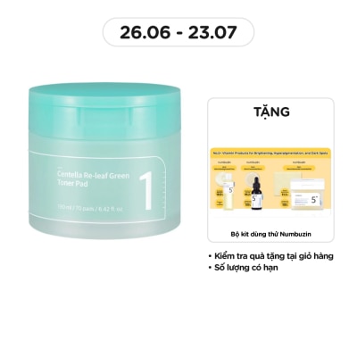 NUMBUZIN Nước Hoa Hồng Dạng Miếng Numbuzin Làm Dịu Da No.1 Centella Re-Leaf Green Toner Pad 190ml (70Pcs)