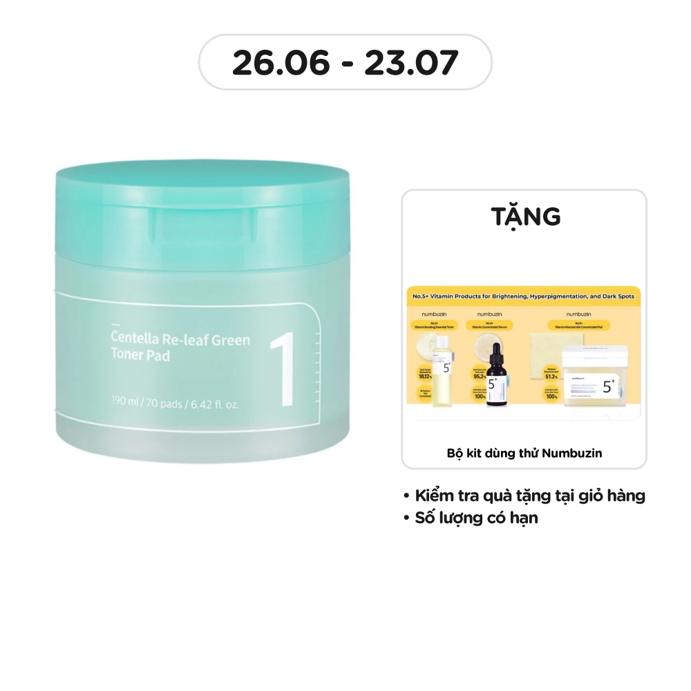 Nước Hoa Hồng Dạng Miếng Numbuzin Làm Dịu Da No.1 Centella Re-Leaf Green Toner Pad 190ml (70Pcs)