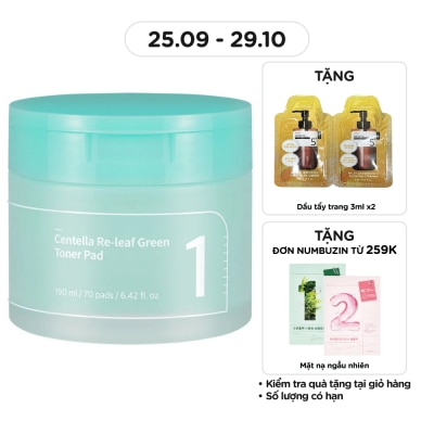 NUMBUZIN Nước Hoa Hồng Dạng Miếng Numbuzin Làm Dịu Da No.1 Centella Re-Leaf Green Toner Pad 190ml (70Pcs)