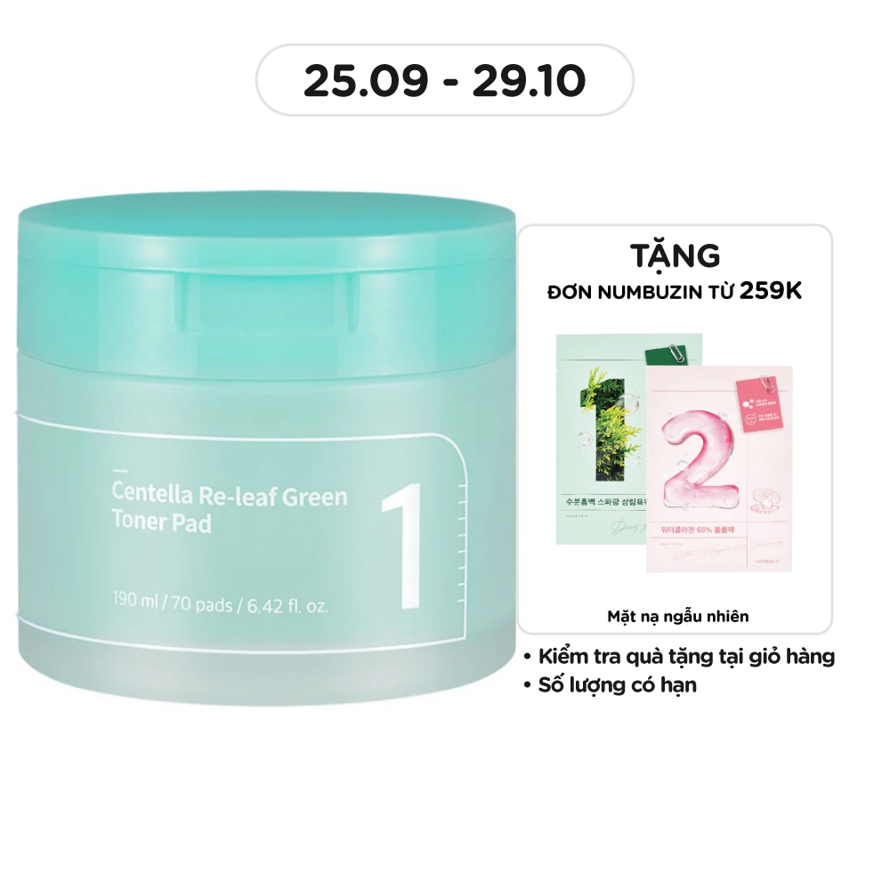 Nước Hoa Hồng Dạng Miếng Numbuzin Làm Dịu Da No.1 Centella Re-Leaf Green Toner Pad 190ml (70Pcs)