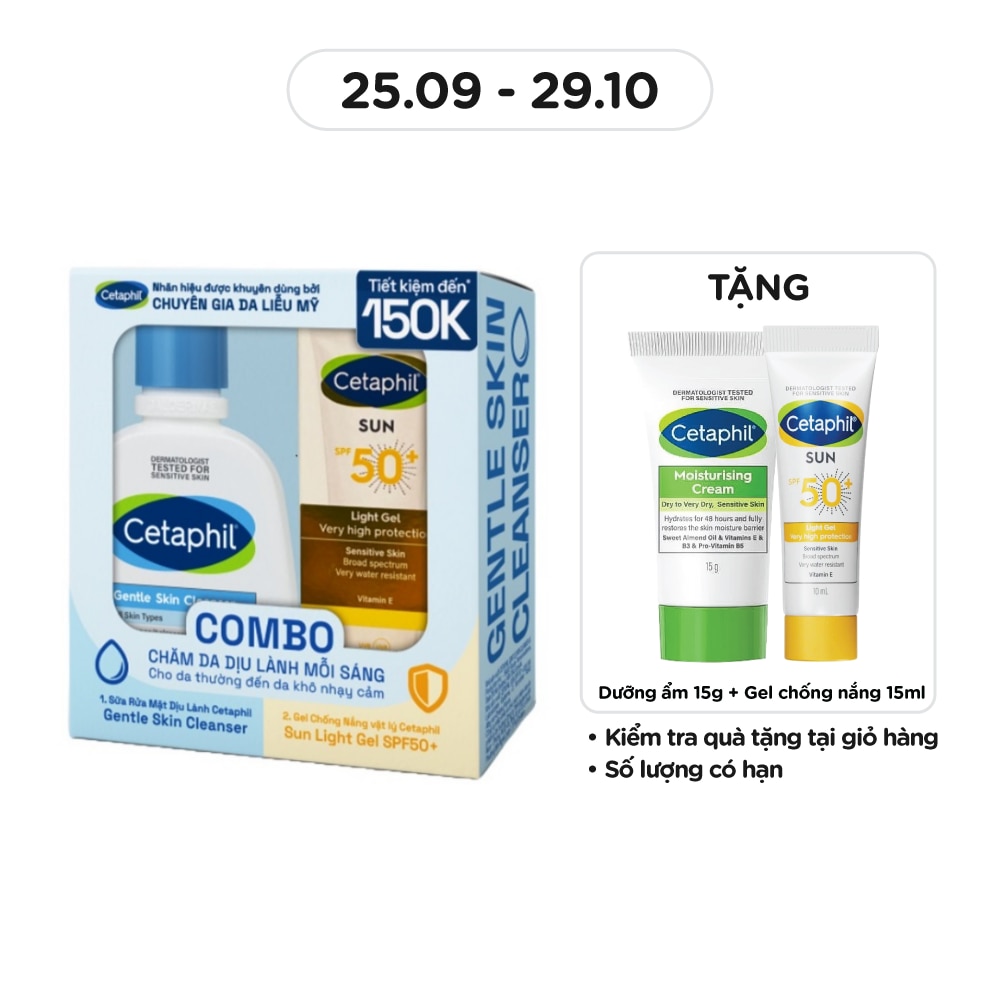 Combo Cetaphil (Sữa Rửa Mặt Gentle Skin Cleanser125ml + Gel Chống Nắng Sun SPF50+ Light Gel 50ml)