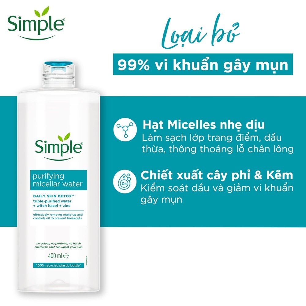 Nước Tẩy Trang Simple Cho Da Mụn Purifying Micellar Water 400ml