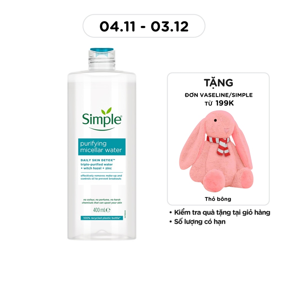 Nước Tẩy Trang Simple Cho Da Mụn Purifying Micellar Water 400ml