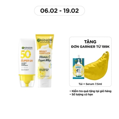 GARNIER Combo Garnier (Chống Nắng Super UV Invisible Serum 30ml + Sữa Rửa Mặt Vitamin C Super Whip 50ml)