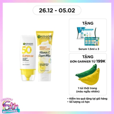 GARNIER Combo Garnier (Chống Nắng Super UV Invisible Serum 30ml + Sữa Rửa Mặt Vitamin C Super Whip 50ml)