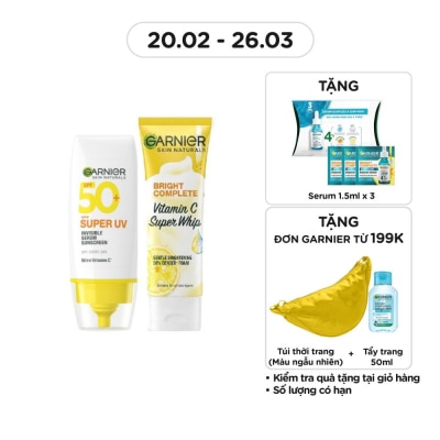 GARNIER Combo Garnier (Chống Nắng Super UV Invisible Serum 30ml + Sữa Rửa Mặt Vitamin C Super Whip 50ml)