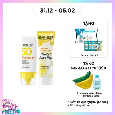 GARNIER Combo Garnier (Super UV Invisible Serum Sunscreen 30ml + Bright Complete Vitamin C Super Whip 50ml )