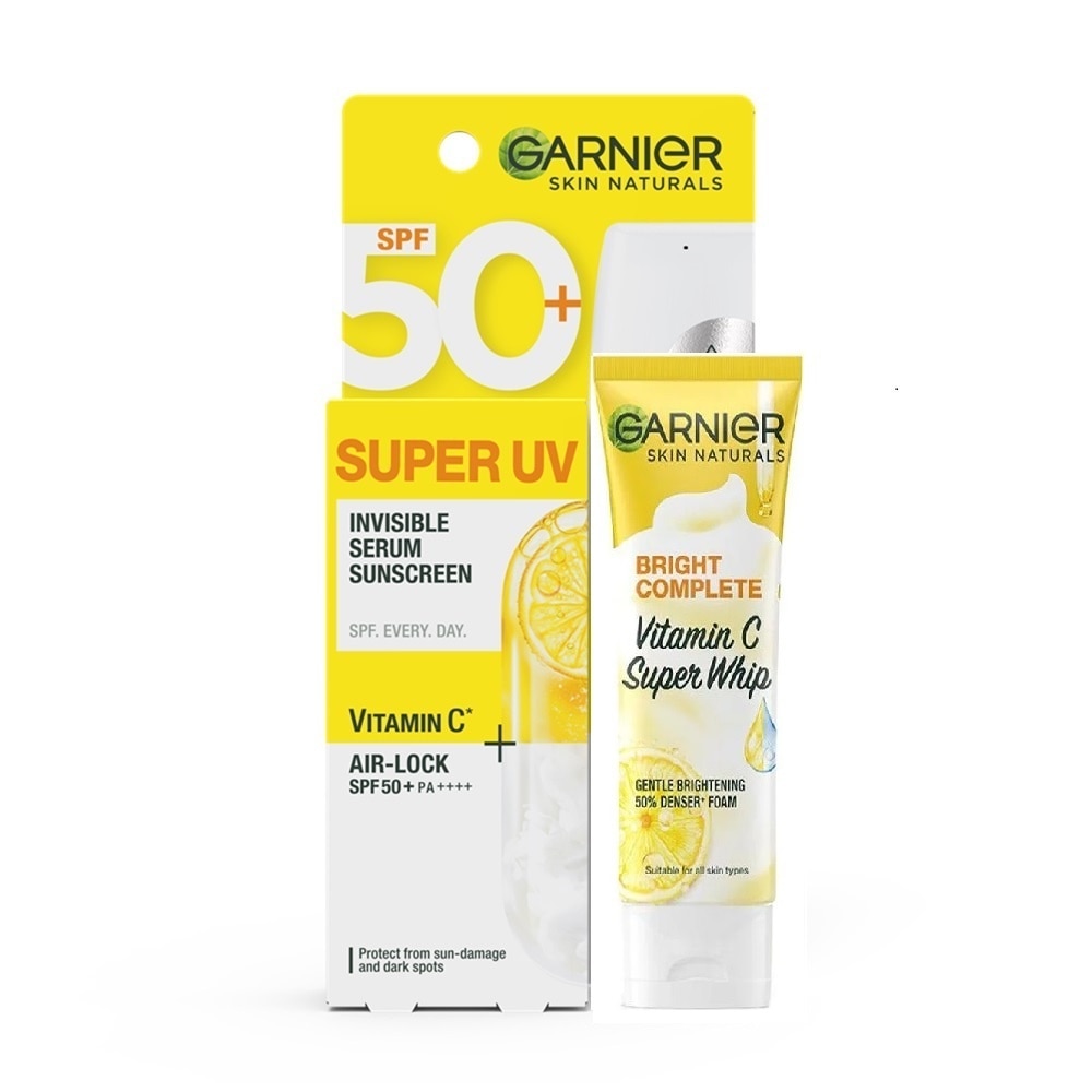 Combo Garnier (Chống Nắng Super UV Invisible Serum 30ml + Sữa Rửa Mặt Vitamin C Super Whip 50ml)