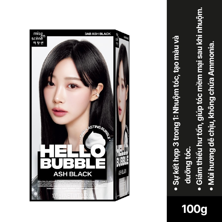 Bọt Kem Nhuộm Tóc mise en scène Hello Bubble 100g .#3AB Ash Black Màu Đen Ánh Khói