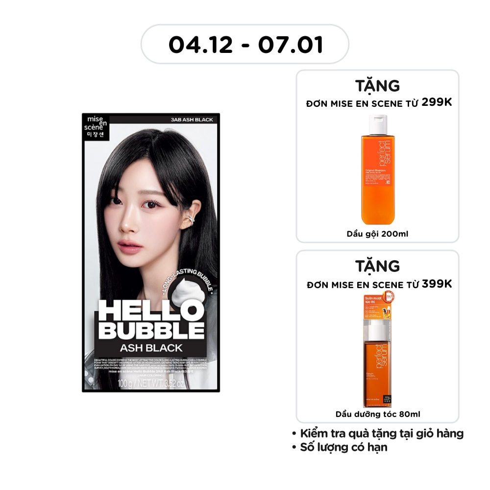 Bọt Kem Nhuộm Tóc mise en scène Hello Bubble 100g .#3AB Ash Black Màu Đen Ánh Khói
