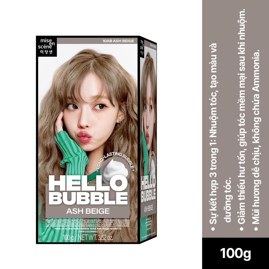 Bọt Kem Nhuộm Tóc mise en scène Hello Bubble 100g .#10AB Ash Beige Màu Nâu Be Khói